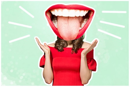 Collage in magazine style with happy emotions and female lips instead of head.の写真素材