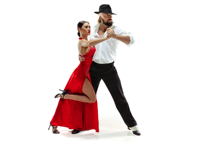 Portrait of young elegance tango dancers isolated over whiteの販売画像