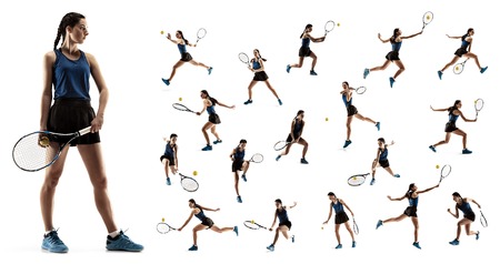 The collage about young woman playing tennis isolated on white background. Healthy lifestyle. The practicing, fitness, sport, exercise concept. The female model in motion or movementの写真素材