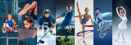 Attack. Sport collage about teen or child athletes or players. The soccer football, ice hockey, figure skating, karate martial arts, rhythmic gymnastics. Little boys and girls in action or motionの写真素材