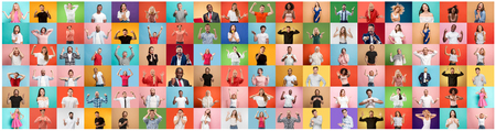 The collage of faces of surprised people on colored backgrounds. Happy men and women smiling. Human emotions, facial expression concept. collage of different human facial expressions, emotions, feelingsの写真素材