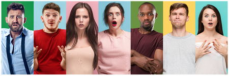 The collage of faces of surprised people on colored backgrounds. Happy men and women smiling. Human...