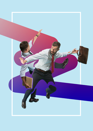 Contemporary modern art collage about businessmen with briefcase, start up concept. Success, business, achievement, progress, career concepts. employee relationsの写真素材