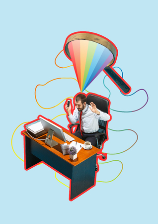 The clerk or boss. Above view of happy businessman working on laptop. Flat isometric. Young man sitting at office table. Business processes, Success concept. supervision of workの写真素材