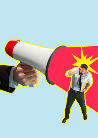 Businessman screaming with a megaphone on color background. Business processes, message, speaker, communication concept. Contemporary modern art collage. Hand closeupの写真素材