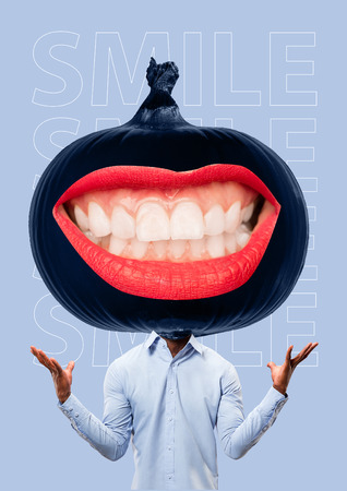 Contemporary modern art collage in magazine style with happy emotions and female lips instead of head. emotional concept. heavy headの写真素材