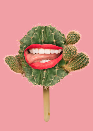 Girl with lips head, cactus background. specific candy. Contemporary modern art collageの写真素材