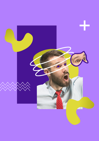 Contemporary modern art collage about surprised businessman. Success, business, achievement, progress, career conceptの写真素材