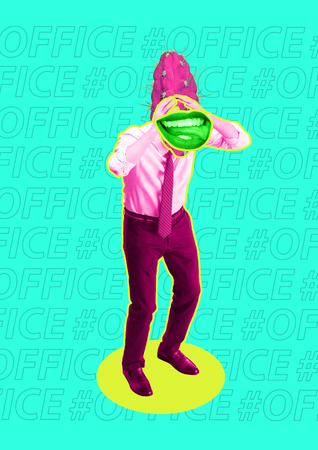 Scared and shocked businessman under boss pressure. Flat isometric view of man. Business, workplace concepts. Human emotions concept. Contemporary modern art collage. sharp mind out-of-the-box thinkingの写真素材