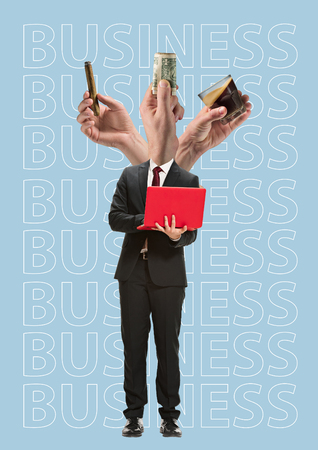 Contemporary art collage about businessman or diplomat on blue studio background. Serious young man in suit, red tie standing with laptop in office. Business, career, success concept.の写真素材