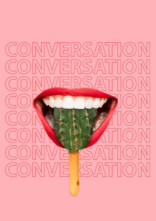 Woman lips taste cactus ice cream as specific candy. Spicy convrsation concept with text on background. Contemporary modern art collage. Sharp language and business talking concepts.の写真素材