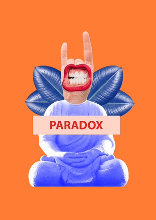 Paradox, calm and drive. Combine incompatible things for being bright. Buddha statue with head as sign of horns and big mouth with teeth screeching. Modern design. Contemporary art collage.の写真素材