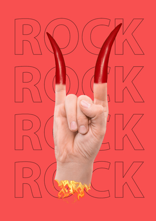 Hot like rock music, drive like fire. Burning male hand with sign of the horns and fingers shaped spicy red chilli pepper on concert against red background. Modern design. Contemporary art collage.の写真素材