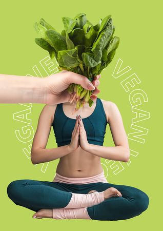 Green-head girl, natural curvy thoughts. Woman sitting in lotos position on the floor. Modern art collage, healthy and nature-friendly lifestyle concept. Diet, yoga, detox make her body wellness.の写真素材