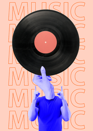 Lovely songs always play in the head. Meloman headed by oldschool vintage music. A man in blue T-shirt with hand holding vinyl record as a head. Modern design. Contemporary art collage.の写真素材
