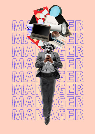 Manager is multifunctional. Man in a grey suit with coffee headed by laptop, books, clock, tablet or office tools. Business, financial and start-up concept. Modern design. Contemporary art collage.の写真素材