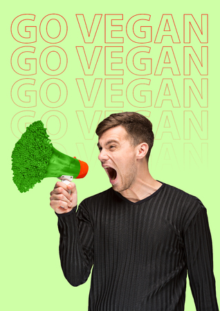 Veganism shouts out louder than plastic world. Young man screaming into the shout formed green juicy broccoli against light background. Modern design. Healthy food concept. Contemporary art collage.の写真素材