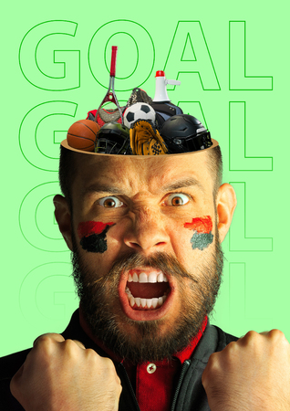 True fan. Thoughts about sport every day. A man with the head filled with balls, helmets and tennis racket on green background. Football, rugby, basketball. Modern design. Contemporary art collage.の写真素材