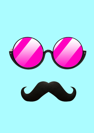 A hipster. Happiness feelings. A male face with rounded pink sunglasses and black mustache on blue background. Fashion, human nature and emotions concept. Modern design. Contemporary art collage.の写真素材