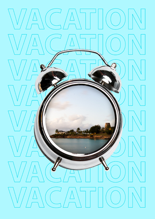 Time for resort. Adventures calling. Big alarm with view of beach and sea inside against blue...