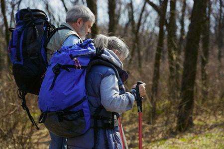 New cool experience. Aged family couple of man and woman in tourist outfit walking at green lawn near by trees in sunny day. Concept of tourism, healthy lifestyle, relaxation and togetherness.の写真素材