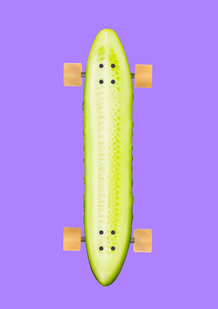 Pure move. Slice of green juicy cucumber as a board of skate with wheels against purple background. Modern design. Contemporary art collage. Concept of ecology problem, healthy food, sport or hobby.の写真素材