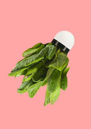 Look of eco movement. Shuttlecock as a bundle of green juicy spinat against trendy coral background. Modern design. Contemporary art collage. Concept of sport, activity, healthy food or veganism.の写真素材