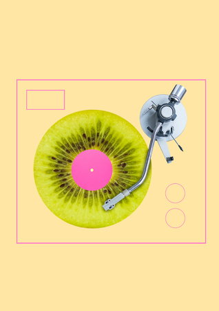Pure sound of past. Old retro vinyl record player as a juicy kiwi against soft yellow background. Modern design. Contemporary art collage. Concept of music, dance, healthy food, diet or veganism.の写真素材