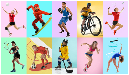Sport collage about athletes or players. The tennis, running, badminton, rhythmic gymnastics, volleyball, boxing, snowboarding, ice hockey, soccer football, cycling concept. Fit women and men in action or motion over trendy color background.の写真素材