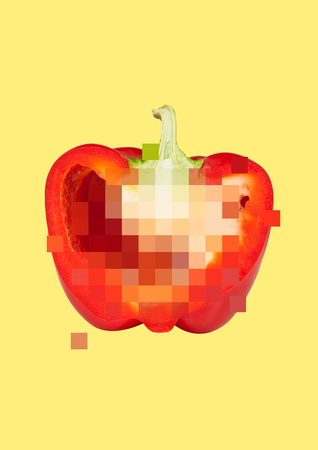 Find whats the hidden. Censored half of pepper on yellow background. Negative space to insert your text. Modern design. Contemporary art collage. Explicit image. Concept of free speech and choice.の写真素材