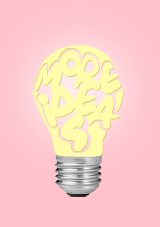 Create anywhere in anytime. A light bulb or lamp with the letters of MORE IDEAS inside. Lettering. Negative space to insert your text. Modern design. Contemporary art collage. Concept of making art.の写真素材