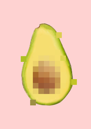 Hide the most important. Censored half of avocado on trendy coral background. Negative space. Modern...