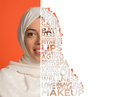 Beauty woman face portrait. Beautiful female model with perfect clean skin isolated on mixed studio background. Concept of wellness, fitness, skincare, cosmetics, dermatology and healthy lifestyle.の写真素材