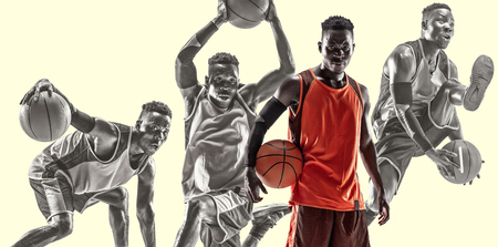 Full length portrait of a basketball player with the ball isolated on yellow studio background. Concept of movement, action, sport, motion. Fit african american athlete. Creative collage.の写真素材