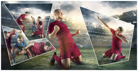 Close up soccer ball in fire on dark background in front of football players of red and blue team fighting for the goal. Creative collage. Movement, action, moving, sport and healthy lifestyle.の写真素材