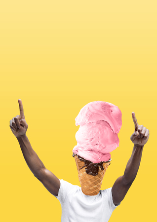 Male body in white shirt headed by a strawberry icecream with chocolate against yellow background. Negative space to insert your text. Modern design. Contemporary art collage. Vacation, summer, resort.の写真素材