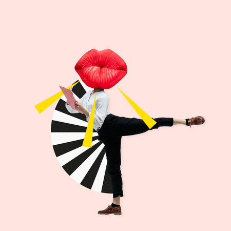 Dancing office woman in classic suit like a ballet dancer headed by the big red female lips against trendy coral background. Negative space to insert your text. Modern design. Contemporary art collage.の写真素材