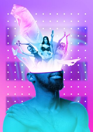 Male body of african-american model with the head full of thoughts about sport, dancing, girls, ballet, relationship. Trendy neon light, gradient background. Modern design. Contemporary art collage.の写真素材