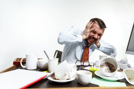 Why do you climb into my head. Young man suffering from the noise in the office. Cant concentrate...
