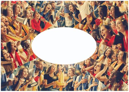 Group of happy fans are cheering for their team victory. Male and female models as a fans of football or soccer team while its match at the stadium. Collage made of different photos of 8 people.の写真素材