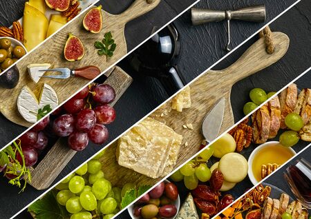 Top view of tasty cheese plate with fruit, grape, nuts, bread and honey on a circle kitchen plate on the black stone background, top view, copy space. Gourmet food and drink. Creative collage.の写真素材