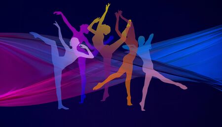 Silhouettes of young graceful ballet dancers or classic ballerinas on dark neon background. Womans beautiful dance. The grace, artist, contemporary, movement concept. Abstract design. Creative collage.の写真素材
