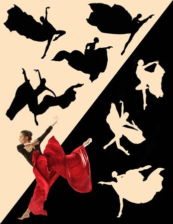 Silhouettes of young graceful ballet dancers or classic ballerinas. Womans beautiful dance in two colors. The grace, artist, contemporary, movement concept. Abstract design. Creative collage.の写真素材