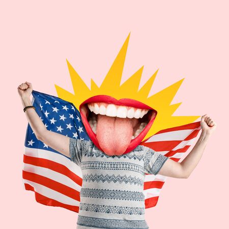 Celebrating an Independence day. Stars and Stripes, flag of United States of America on a man with big mouth. Modern design. Contemporary art. Creative conceptual and colorful collage.の写真素材