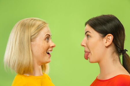 Portrait of pretty charming girls in casual outfits isolated on green studio background. Two female...