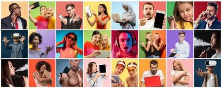 Portrait of people using different gadgets on multicolor background. Male and female models using smartphone, headphones, VR-glasses, laptop, tablet. Modern technologies. Creative collage made of 22 people.の写真素材