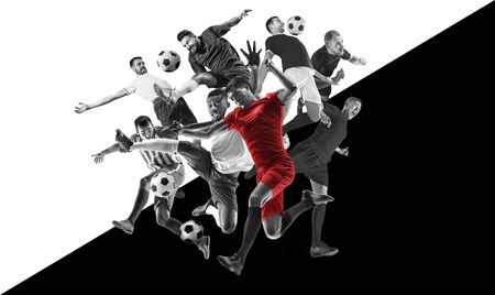 Male football or soccer players emotional while playing. Sportsmen of two team fighting for the goal. Creative black and white collage of 6 people. Movement, action, motion, sport and healthy lifestyle.の写真素材