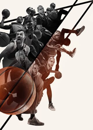 Creative collage of different photos of 4 basketball players with the balls in action of game. Black and white photos. Advertising, sport, healthy lifestyle, motion, activity, movement concept.の写真素材