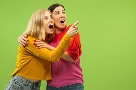 Portrait of pretty charming girls in casual outfits isolated on green studio background. Two female models as a girlfriends or lesbians. Concept of LGBT, equality, human emotions, love, relation.の写真素材