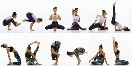 Sporty young woman doing yoga practice isolated on white studio